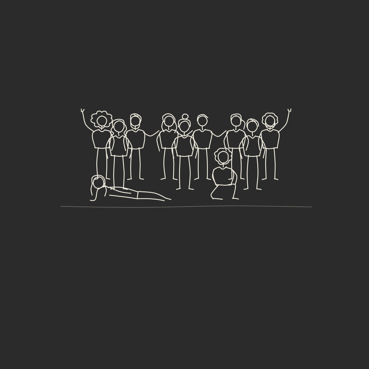 A hand drawn group portrait of the characters in the Intention cast, linen strokes on carbon