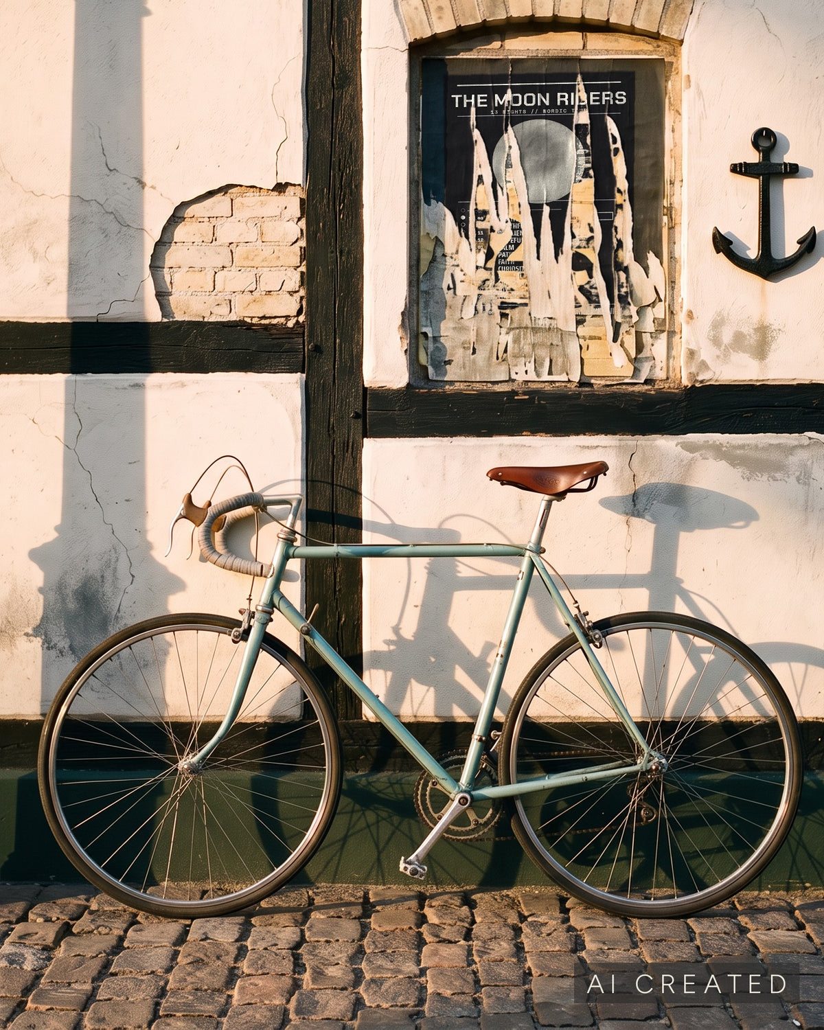AI created image. A bicycle leaning against a half timbered wall in morning light, from the Gratitude cycle