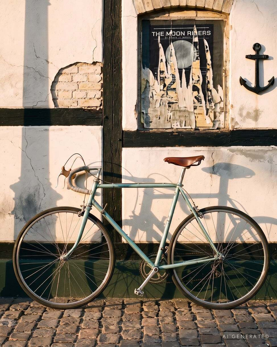 AI generated image. A bicycle leaning against a half timbered wall in morning light, from the Gratitude cycle