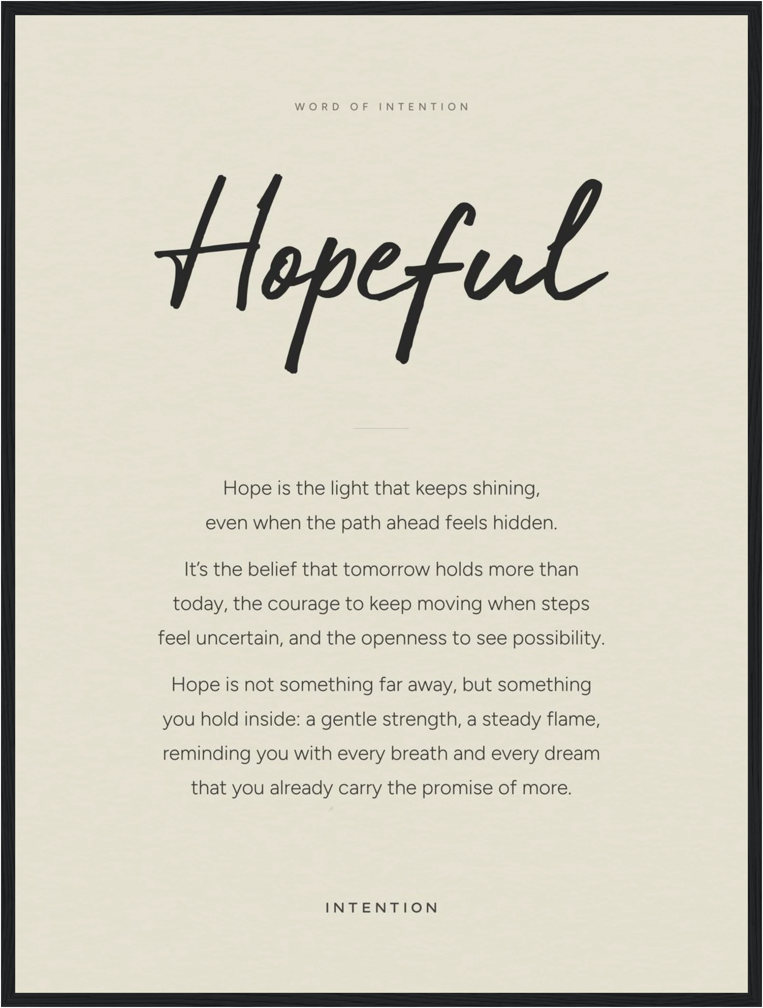 Hopeful Word of Intention Framed print 60x80 cm / 24x32″ Black frame Linen paper