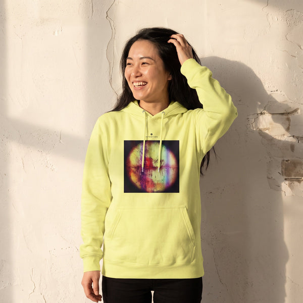 Love - "Chromatic Kiss" Light Yellow Hoodie worn against a sunlit plaster wall