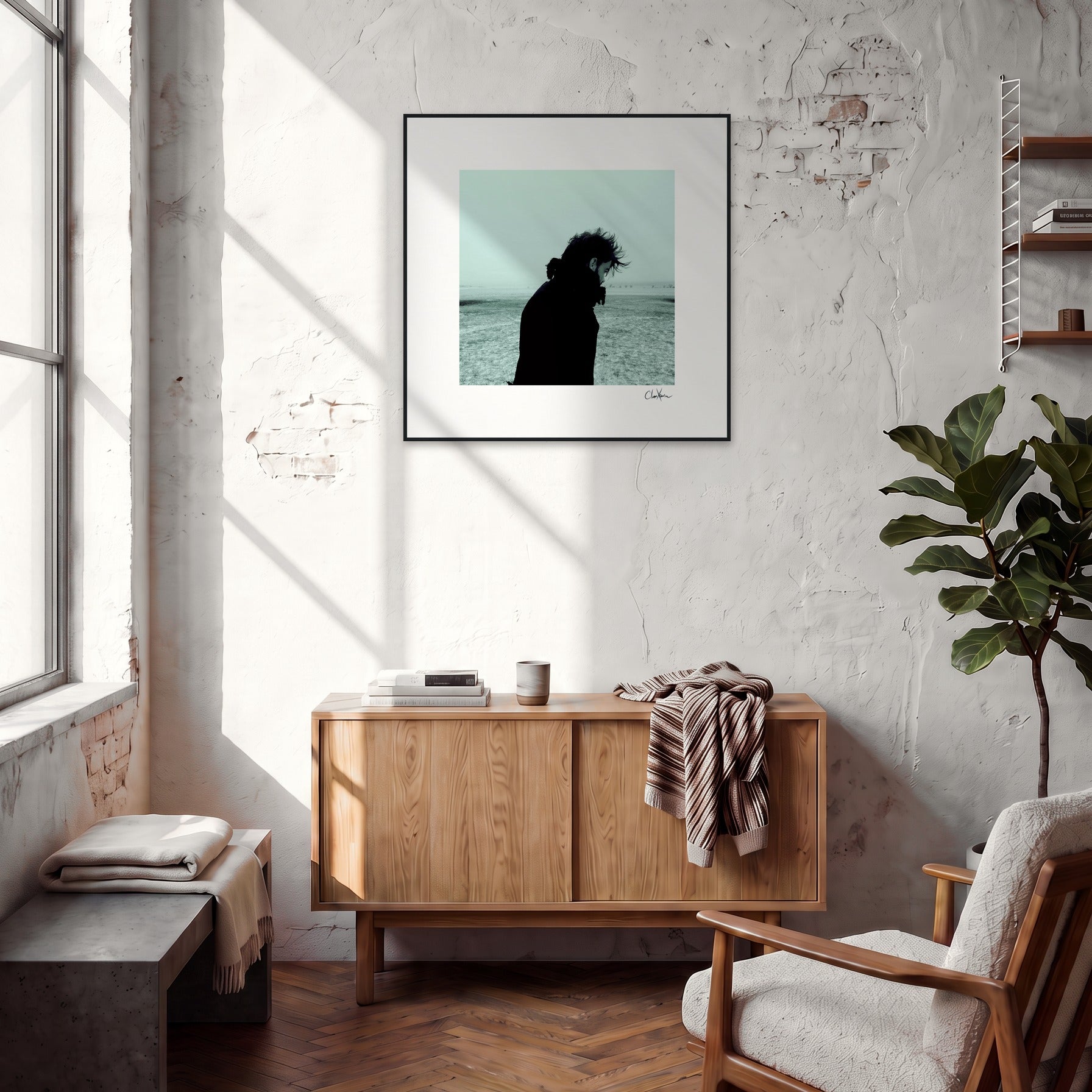Misty Mind Framed print 70x70 cm / 28x28″ Black frame in interior