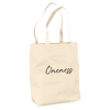 A beige canvas tote bag with two handles, crafted from organic material, and the word Oneness printed in black cursive font on the front—a perfect choice for mindful apparel enthusiasts.