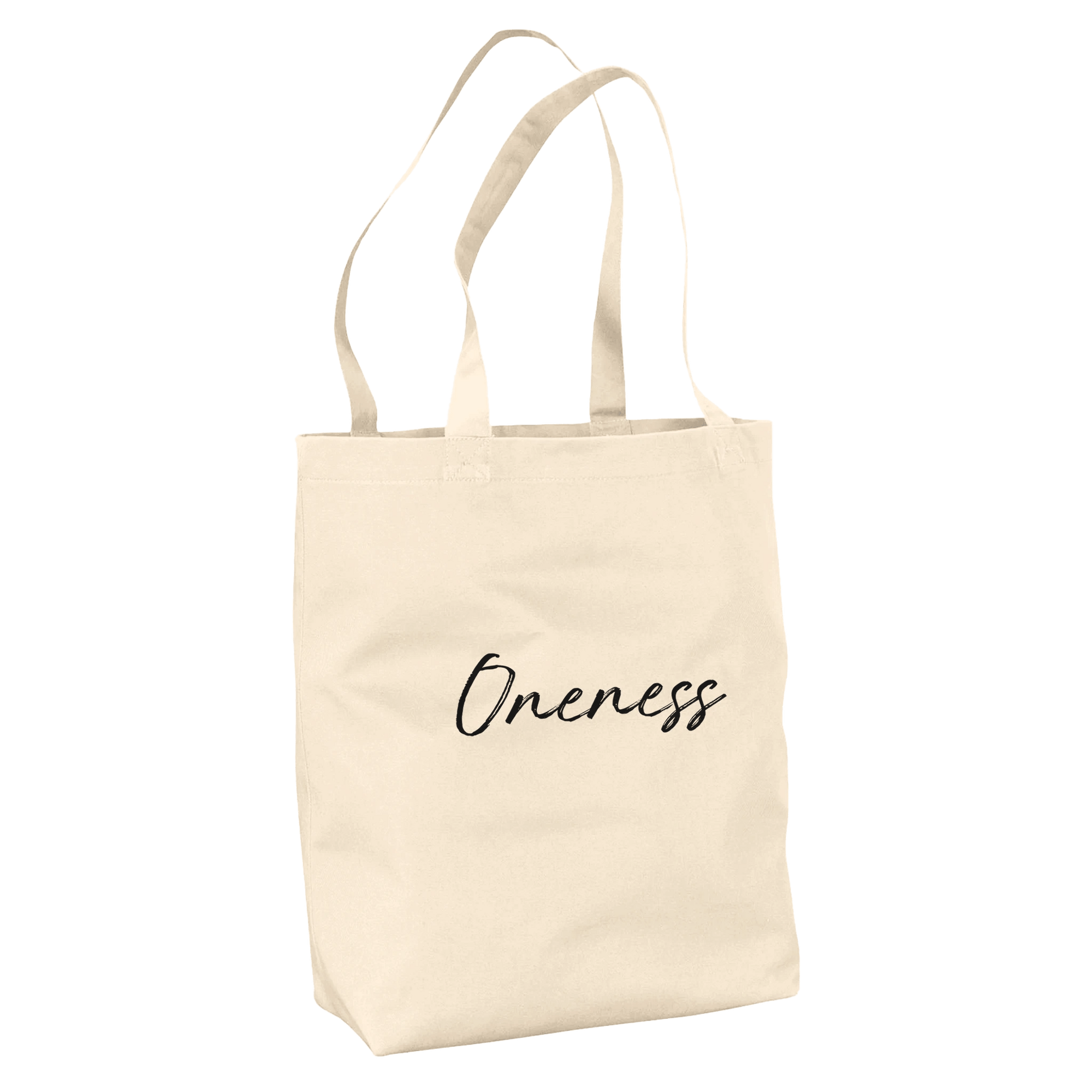 A beige canvas tote bag with two handles, crafted from organic material, and the word Oneness printed in black cursive font on the front—a perfect choice for mindful apparel enthusiasts.