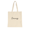 A beige tote bag with long handles is shown against a white background. "Oneness" is printed in black cursive text on the front, making it a stylish choice for those who appreciate conscious fashion and mindful apparel.