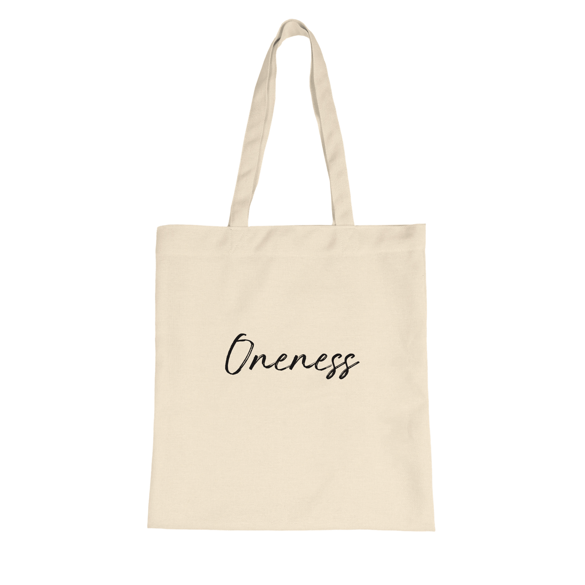 A beige tote bag with long handles is shown against a white background. "Oneness" is printed in black cursive text on the front, making it a stylish choice for those who appreciate conscious fashion and mindful apparel.