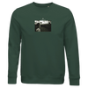 A bottle green crewneck sweatshirt features a centered black-and-white photo art print of a woman looking at the camera with text above, designed for conscious fashion enthusiasts.