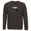 A deep charcoal grey crewneck sweatshirt with a small, centered black-and-white art print of a woman standing outdoors at night and "TOKYO 1995" above the image—perfect for fans of conscious fashion.