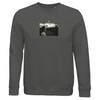 A Grey Melange organic crewneck sweatshirt featuring a small, centered black-and-white art print of a woman facing the camera with a blurred background and "YESTERDAY" printed above.