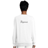 A person with short, dark hair is shown from the back wearing a plain white sweatshirt featuring the word Presence in black script on the upper back. This mindful apparel piece stands out against a white background.