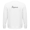 A plain white sweatshirt viewed from the back, featuring the word Presence in black cursive text across the upper back—an ideal choice for those who appreciate mindful apparel and conscious fashion.