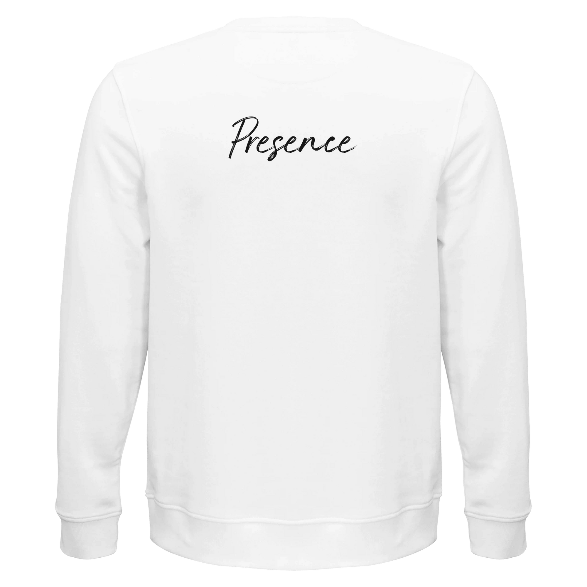 A plain white sweatshirt viewed from the back, featuring the word Presence in black cursive text across the upper back—an ideal choice for those who appreciate mindful apparel and conscious fashion.