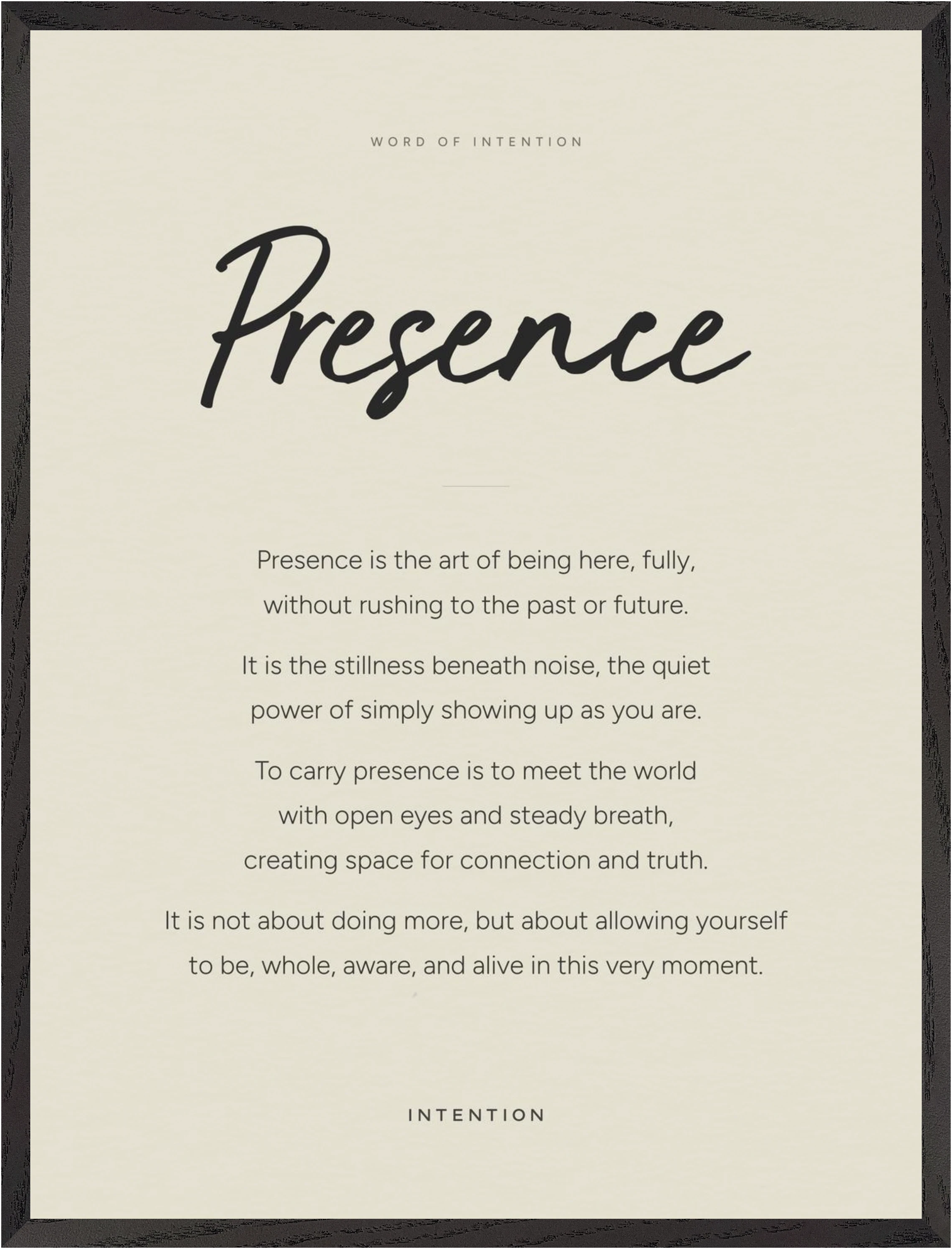 Presence Word of Intention Framed print 60x80 cm / 24x32″ Black frame Linen paper