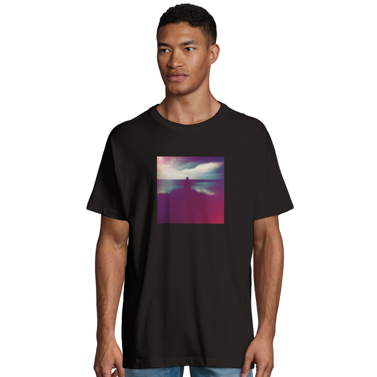 Serenity Indigo Sky Organic Men's Oversized T-shirt Deep Black model front