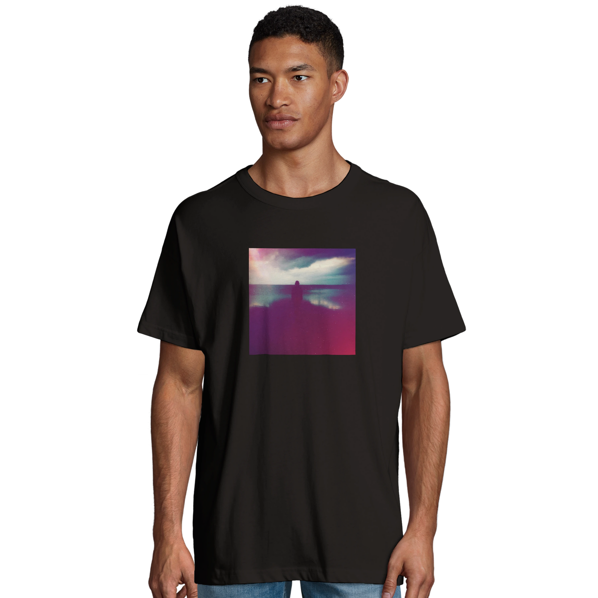 Serenity Indigo Sky Organic Men's Oversized T-shirt Deep Black model front