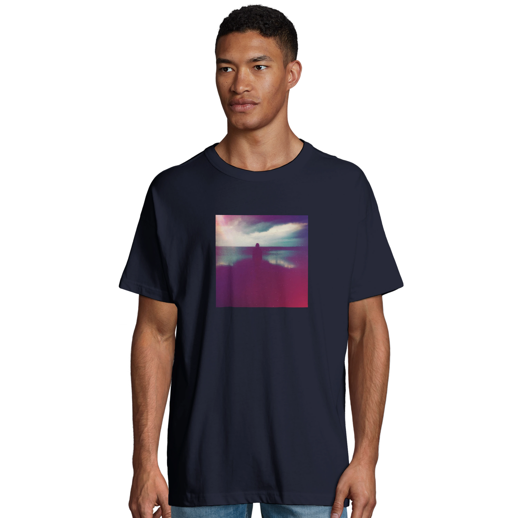 Serenity Indigo Sky Organic Men's Oversized T-shirt French Navy model front