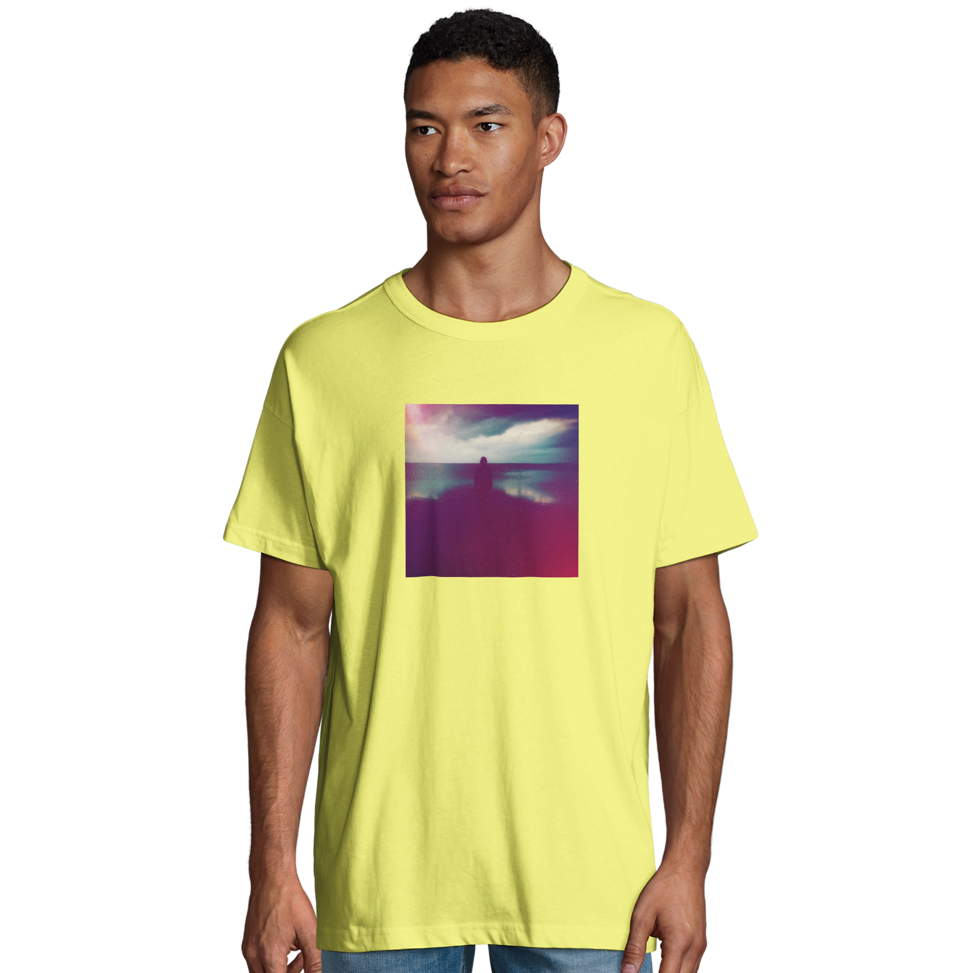 Serenity Indigo Sky Organic Men's Oversized T-shirt Light Yellow model front