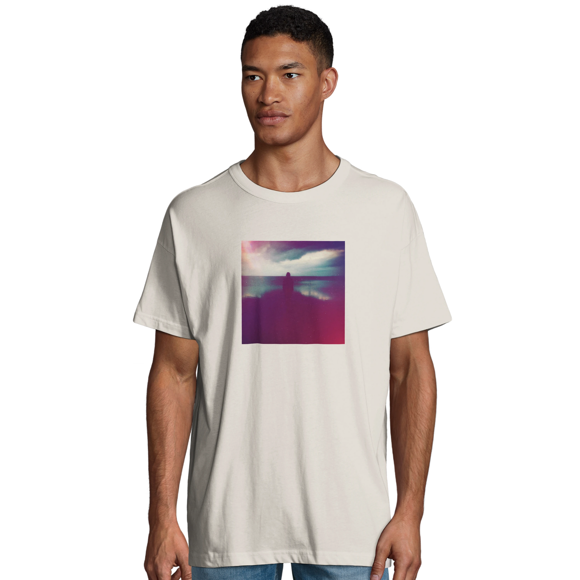 Serenity Indigo Sky Organic Men's Oversized T-shirt Off White model front
