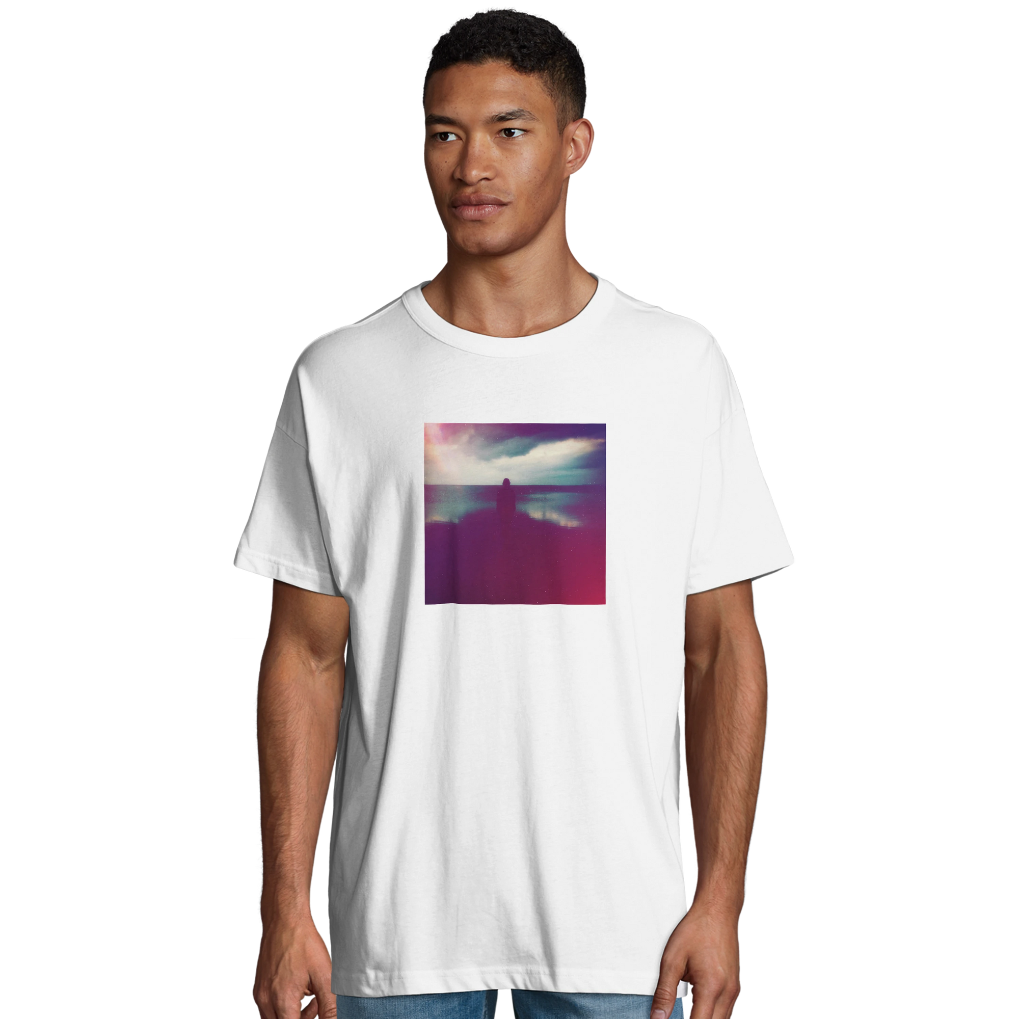 Serenity Indigo Sky Organic Men's Oversized T-shirt White model front