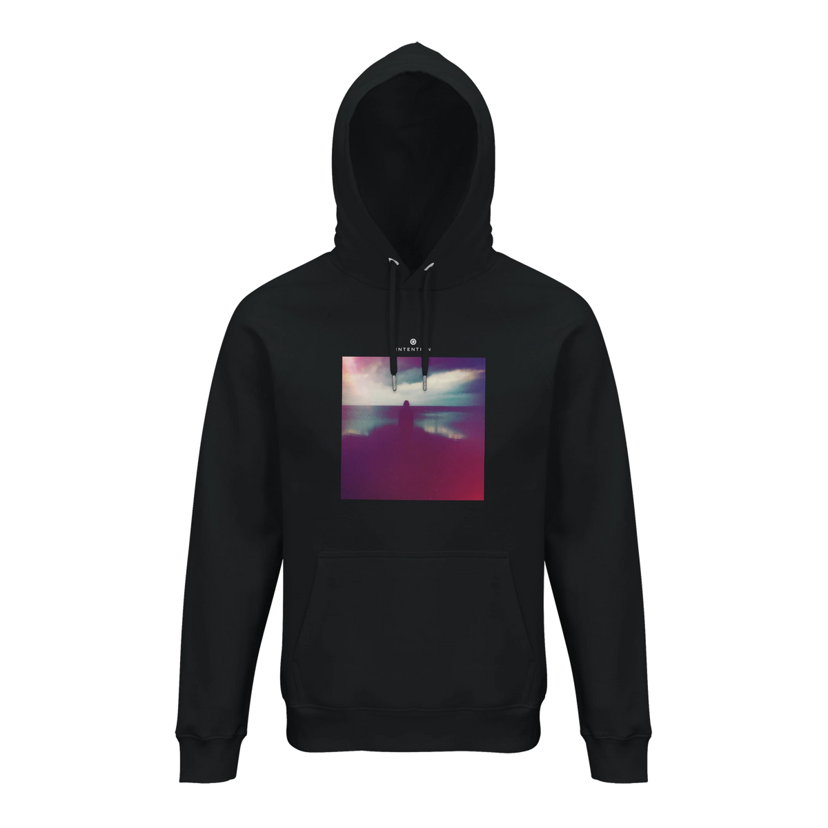 Serenity Indigo Sky Organic Unisex Hoodie Black flat front