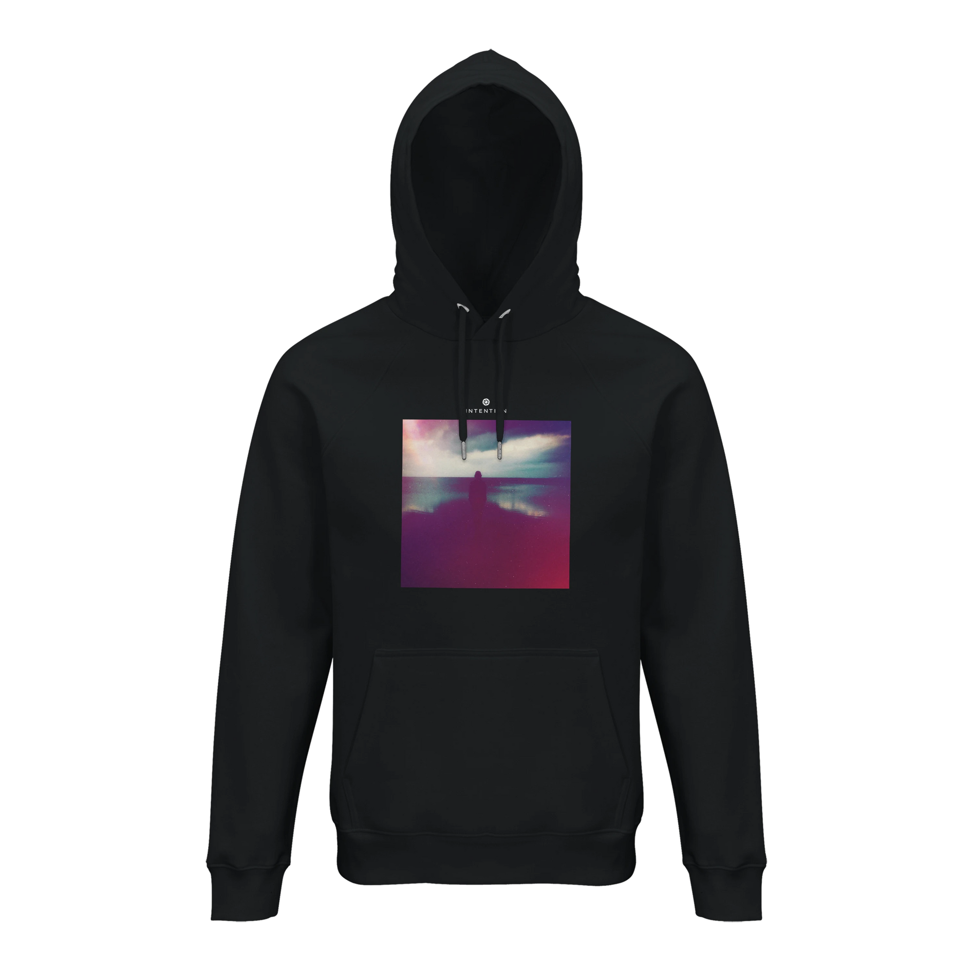 Serenity Indigo Sky Organic Unisex Hoodie Black flat front
