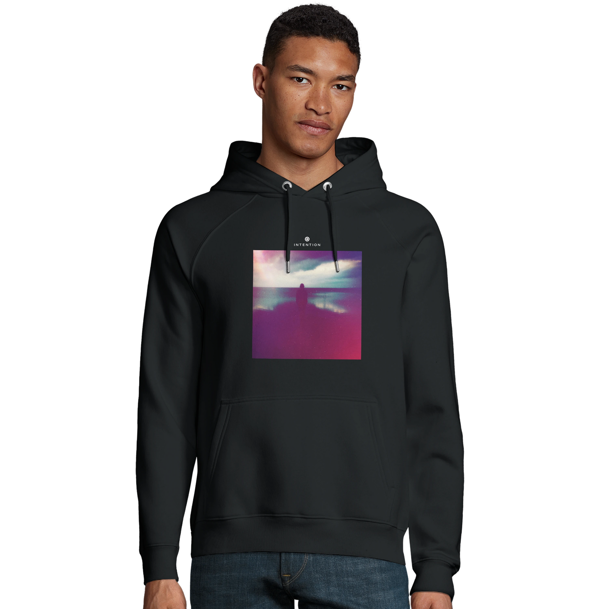 Serenity Indigo Sky Organic Unisex Hoodie Black model front