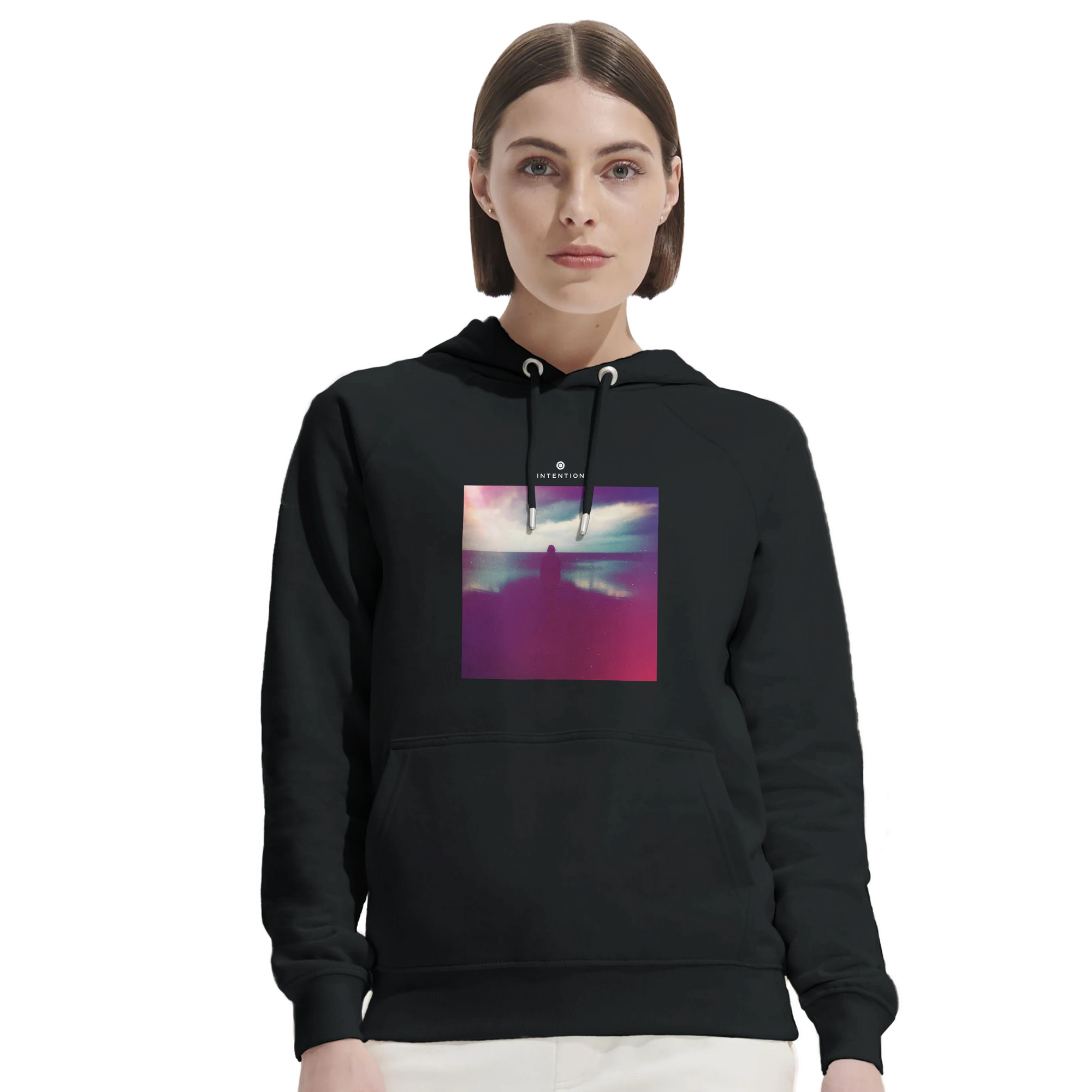 Serenity Indigo Sky Organic Unisex Hoodie Black second model front