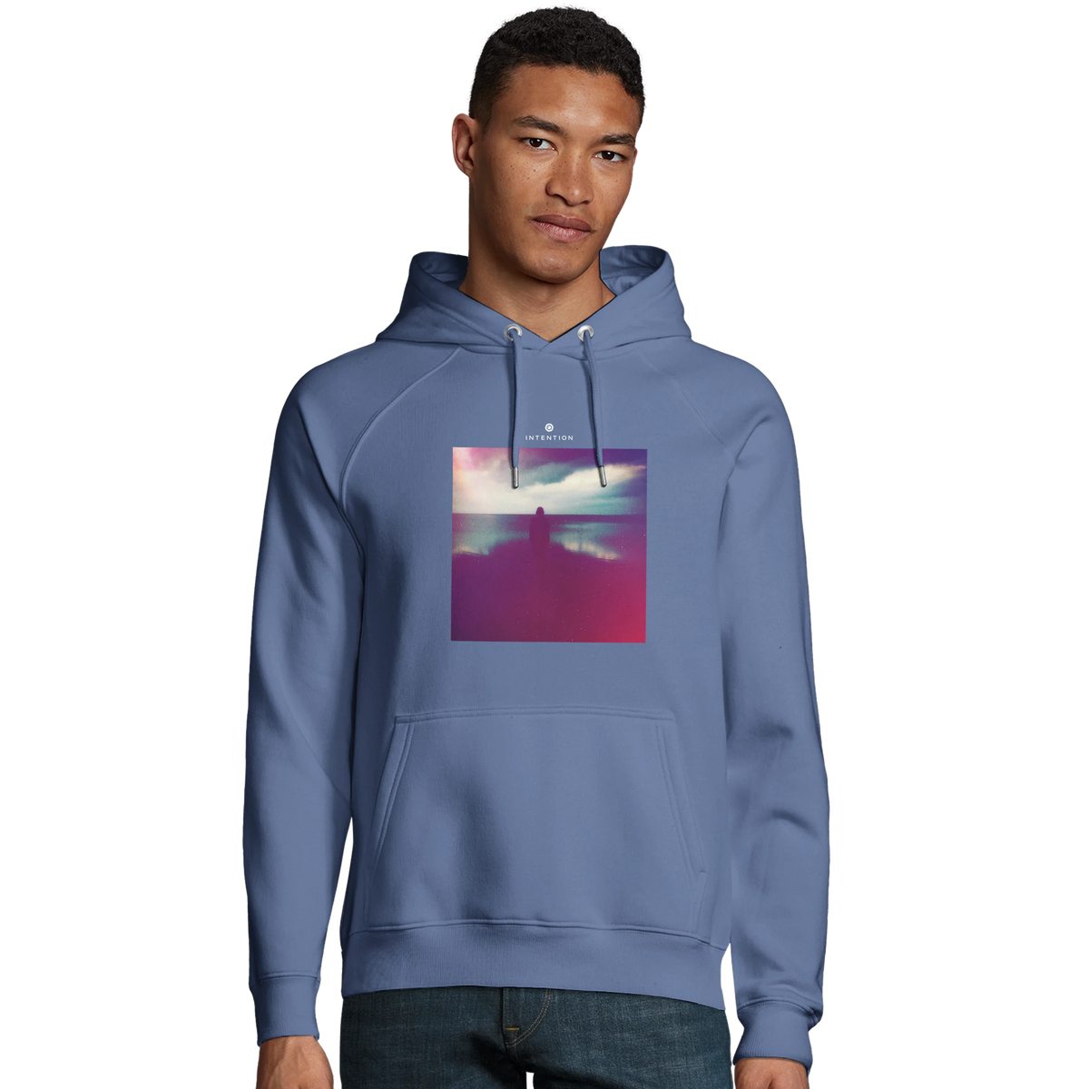 Serenity Indigo Sky Organic Unisex Hoodie Blue model front
