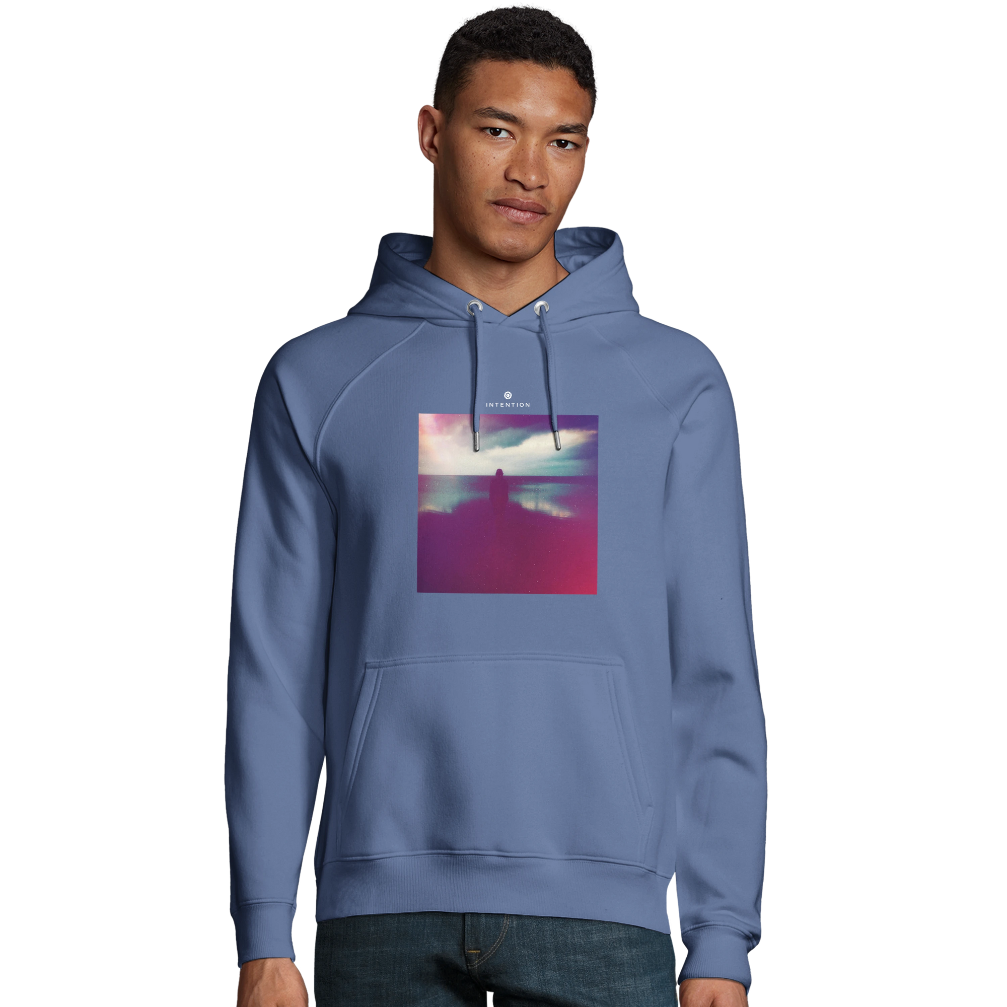 Serenity Indigo Sky Organic Unisex Hoodie Blue model front