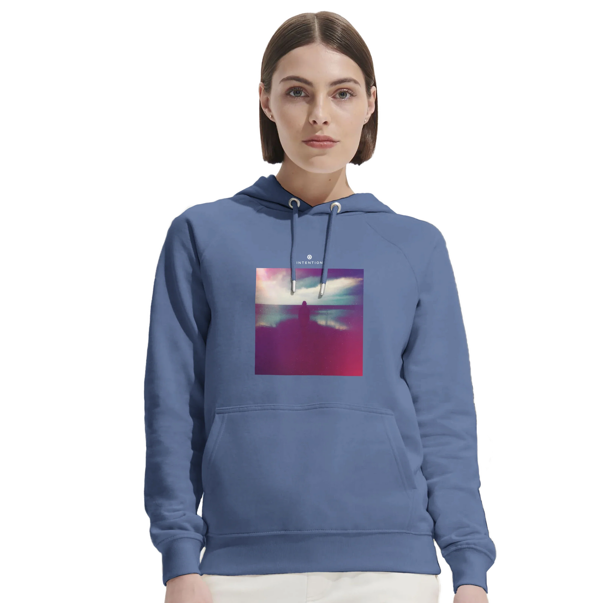 Serenity Indigo Sky Organic Unisex Hoodie Blue second model front