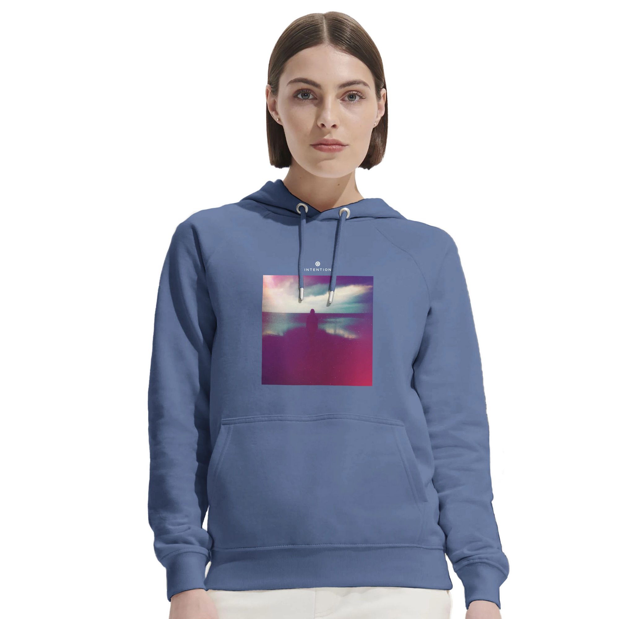 Serenity Indigo Sky Organic Unisex Hoodie Blue second model front