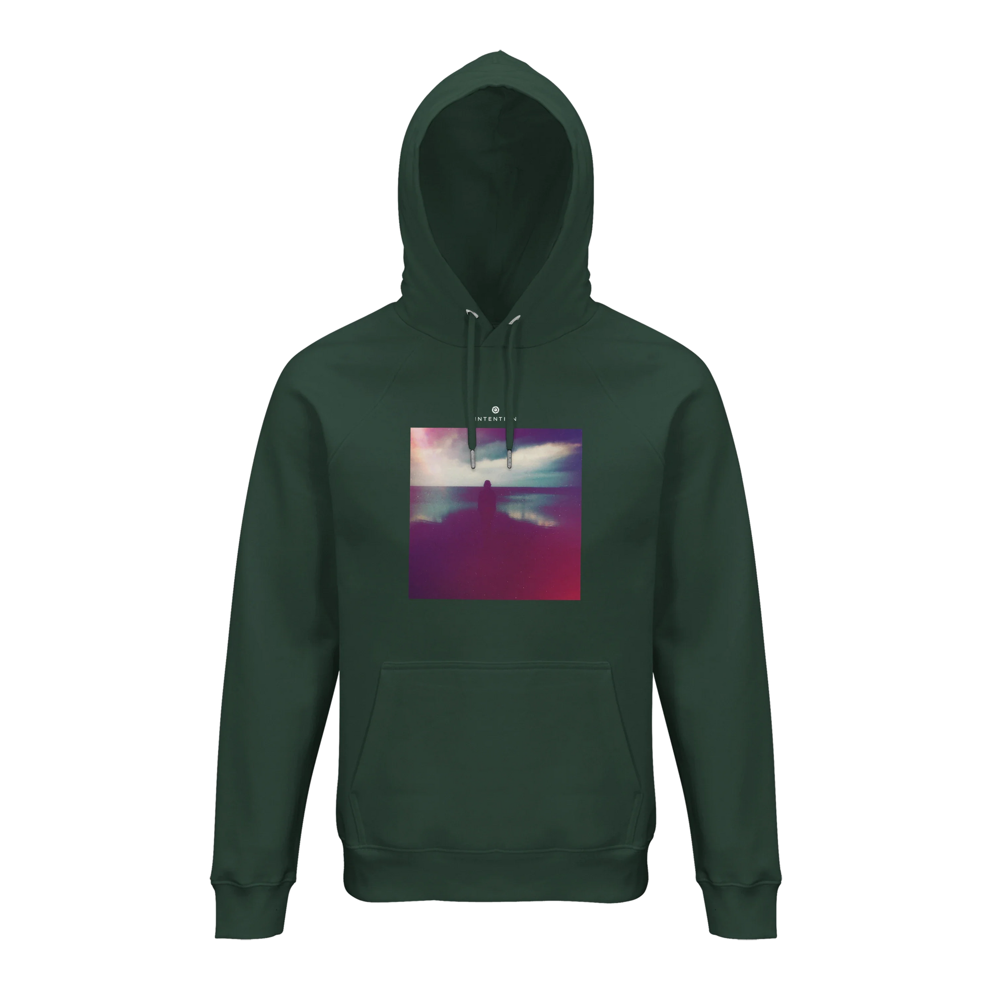 Serenity Indigo Sky Organic Unisex Hoodie Bottle Green flat front