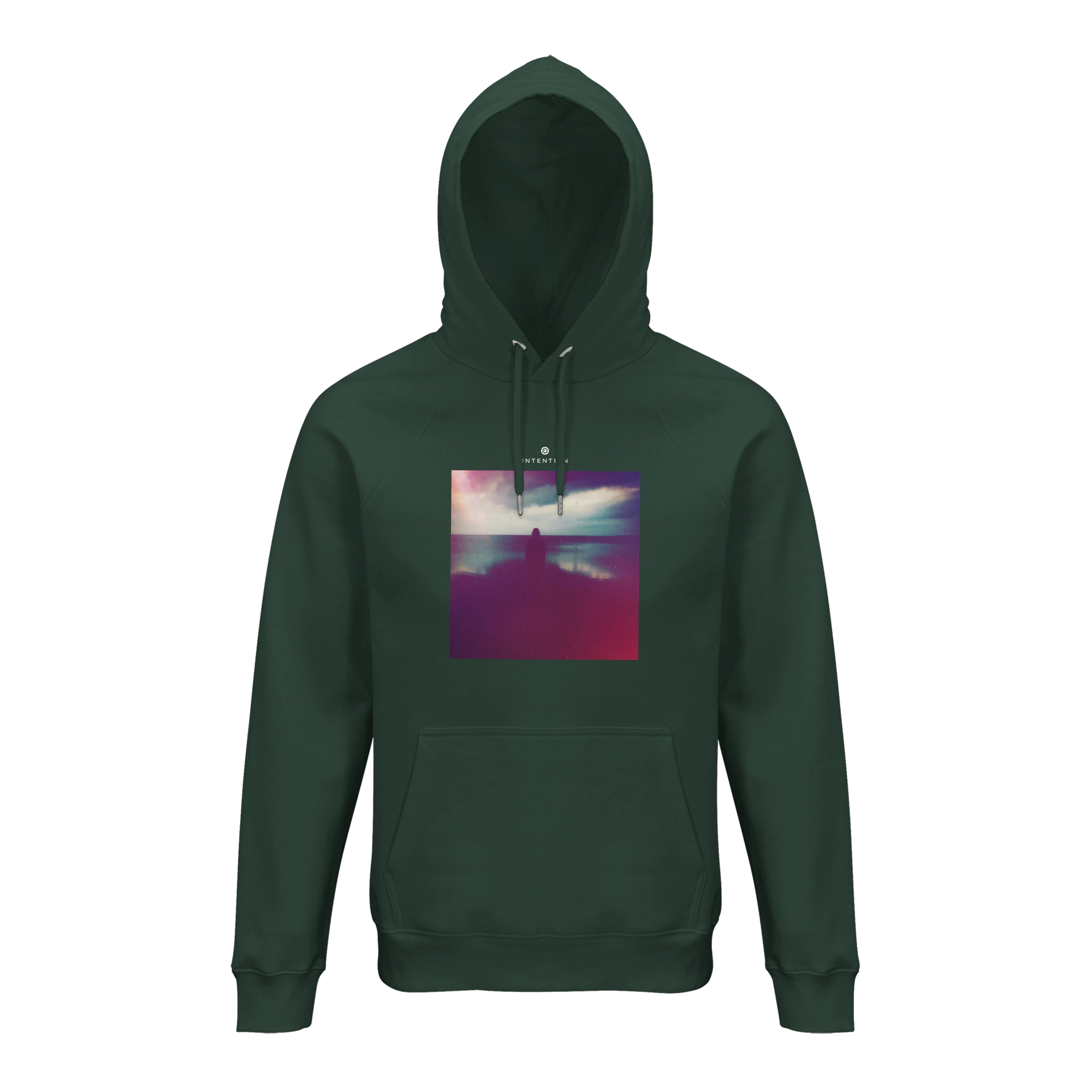 Serenity Indigo Sky Organic Unisex Hoodie Bottle Green flat front
