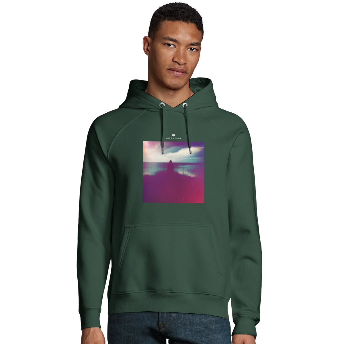 Serenity Indigo Sky Organic Unisex Hoodie Bottle Green model front