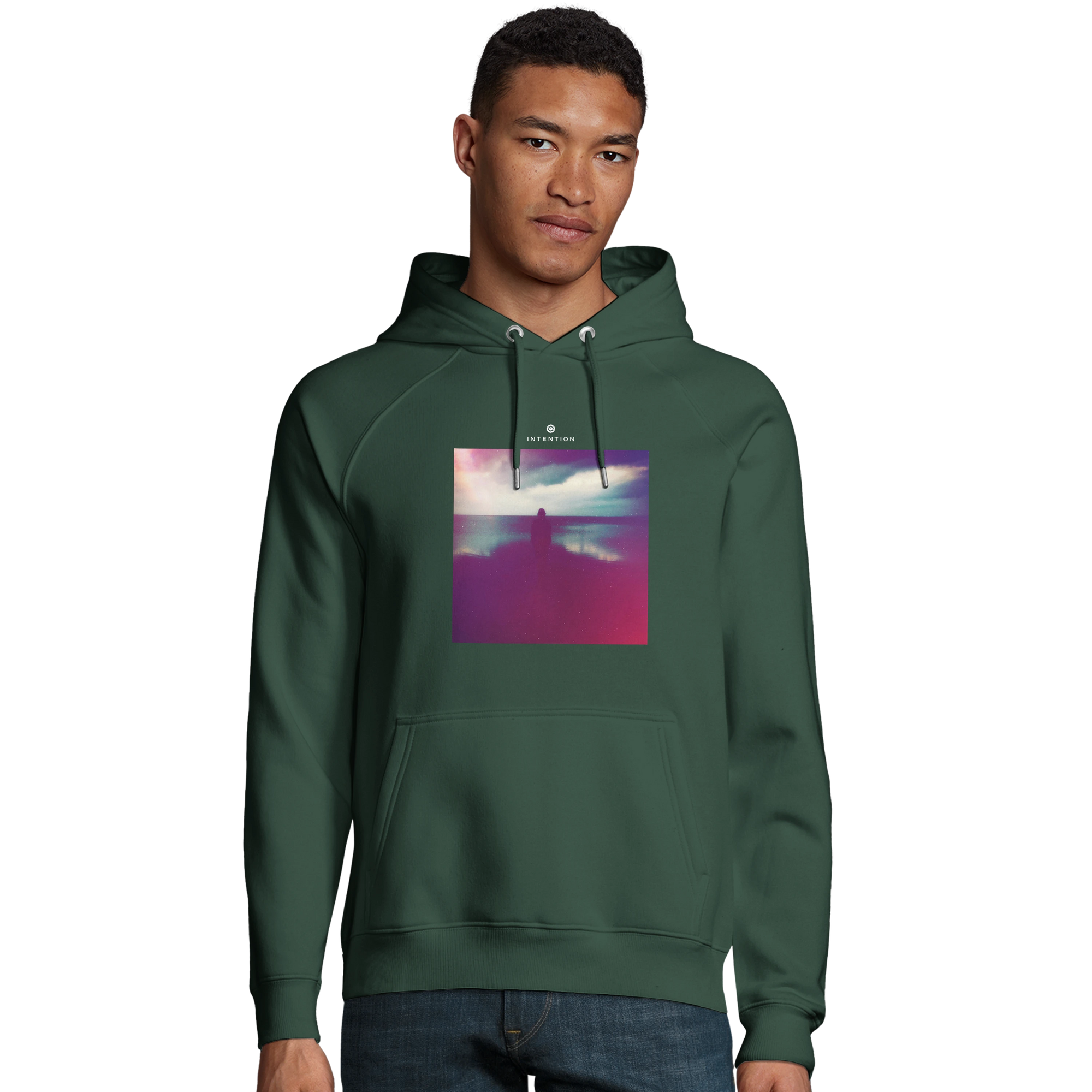 Serenity Indigo Sky Organic Unisex Hoodie Bottle Green model front
