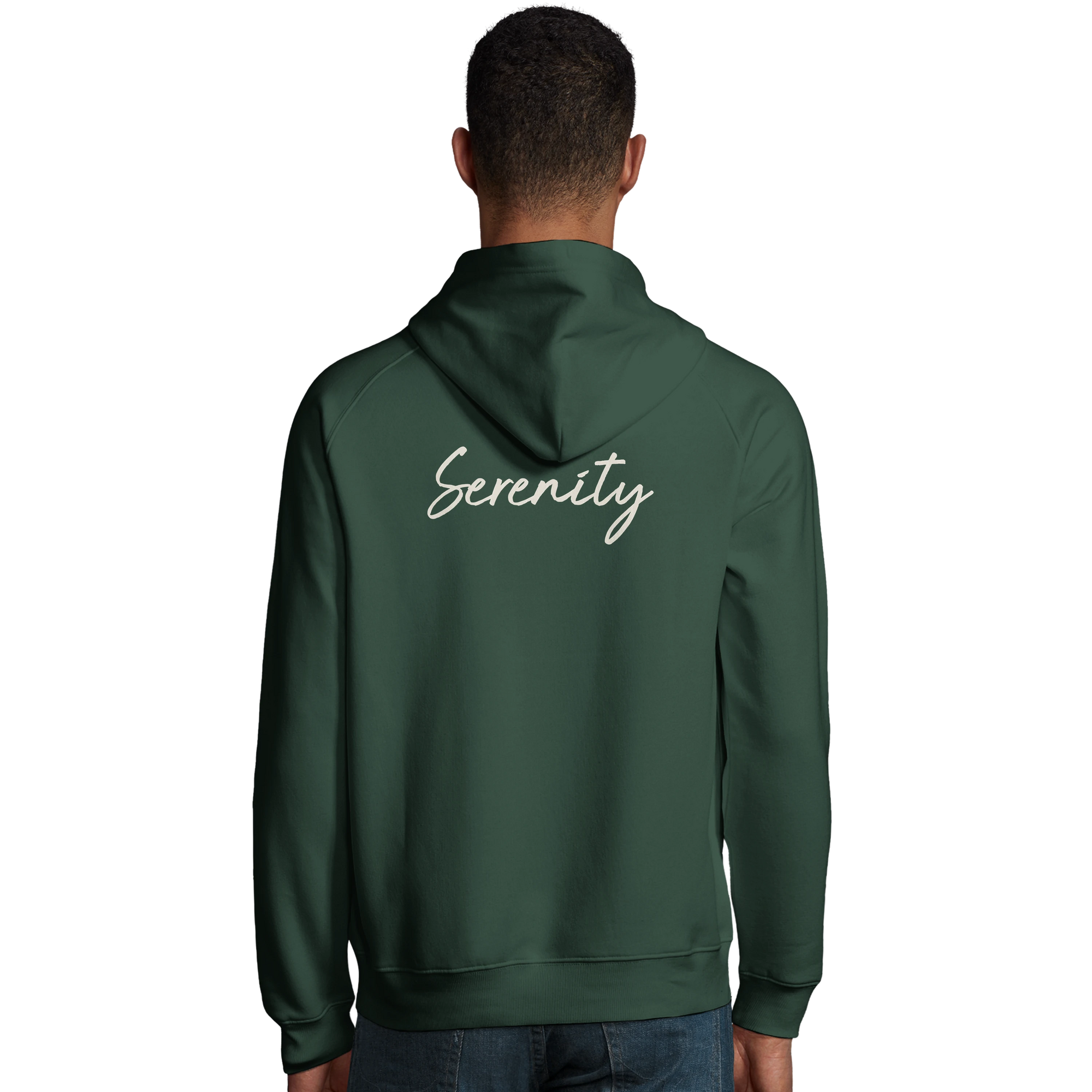 Serenity Indigo Sky Organic Unisex Hoodie Bottle Green model back
