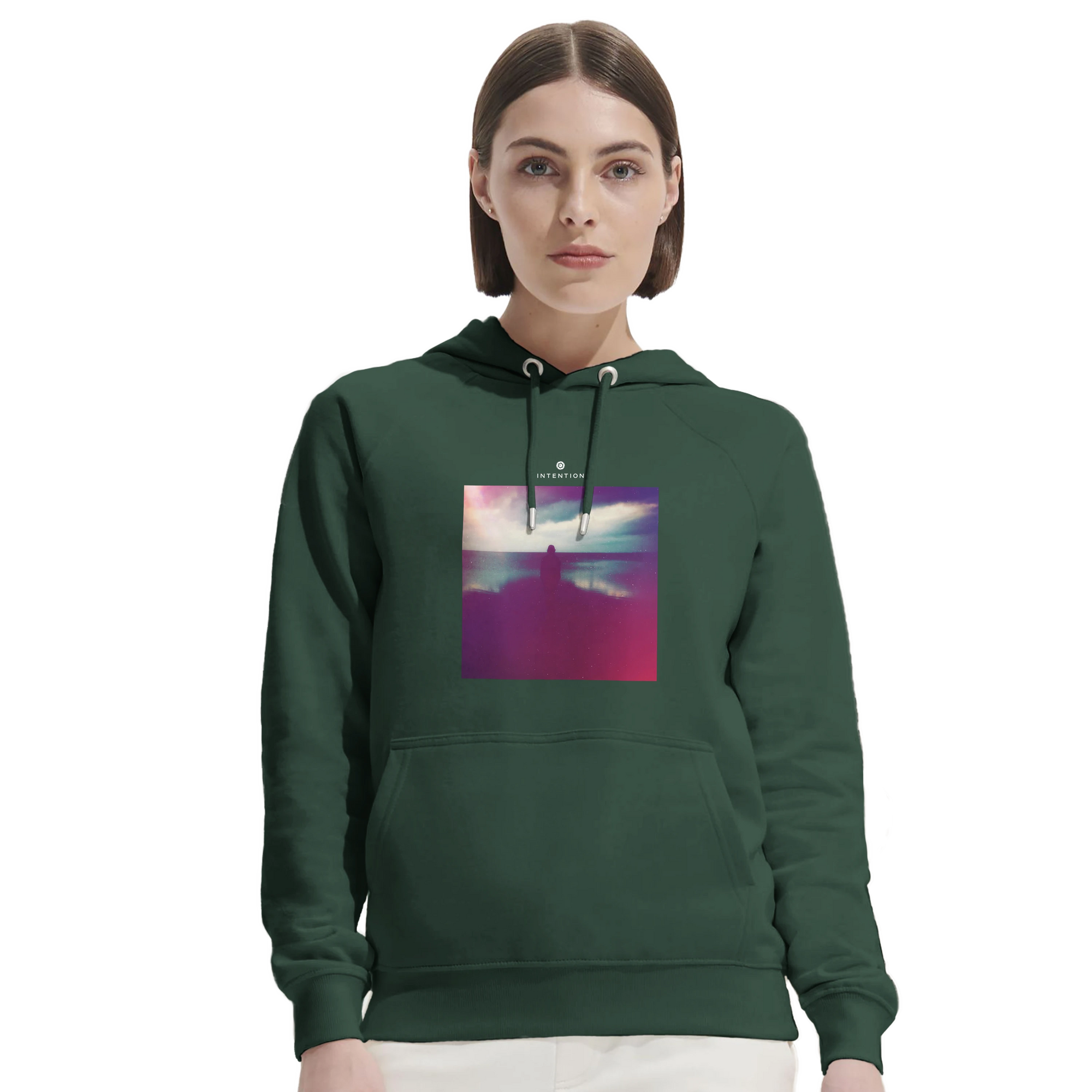 Serenity Indigo Sky Organic Unisex Hoodie Bottle Green second model front