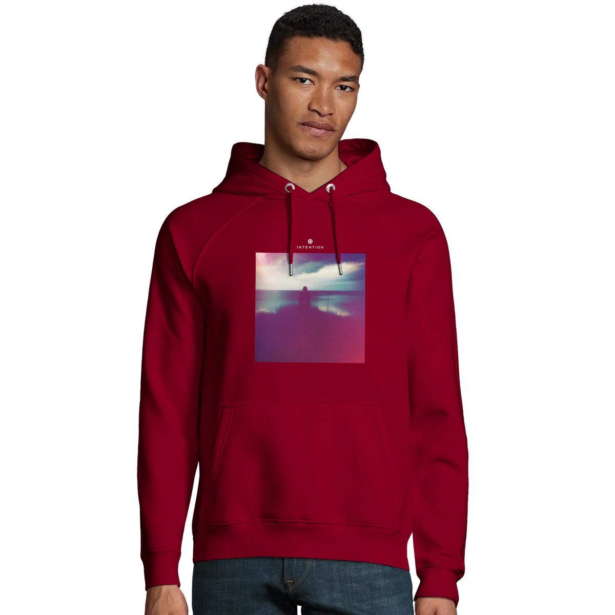 Serenity Indigo Sky Organic Unisex Hoodie Burgundy model front