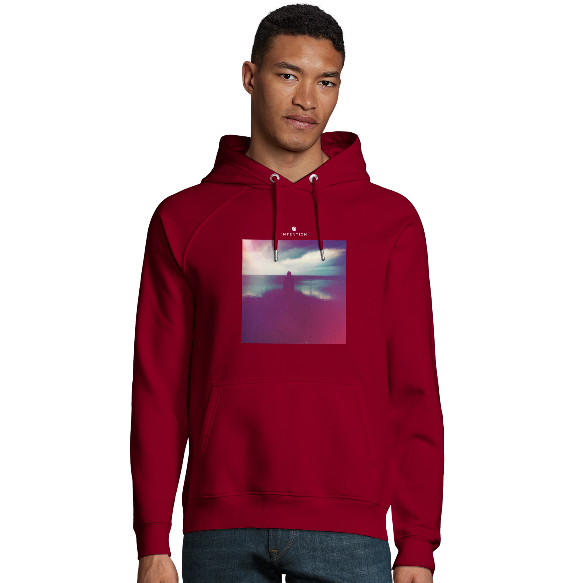Serenity Indigo Sky Organic Unisex Hoodie Burgundy model front