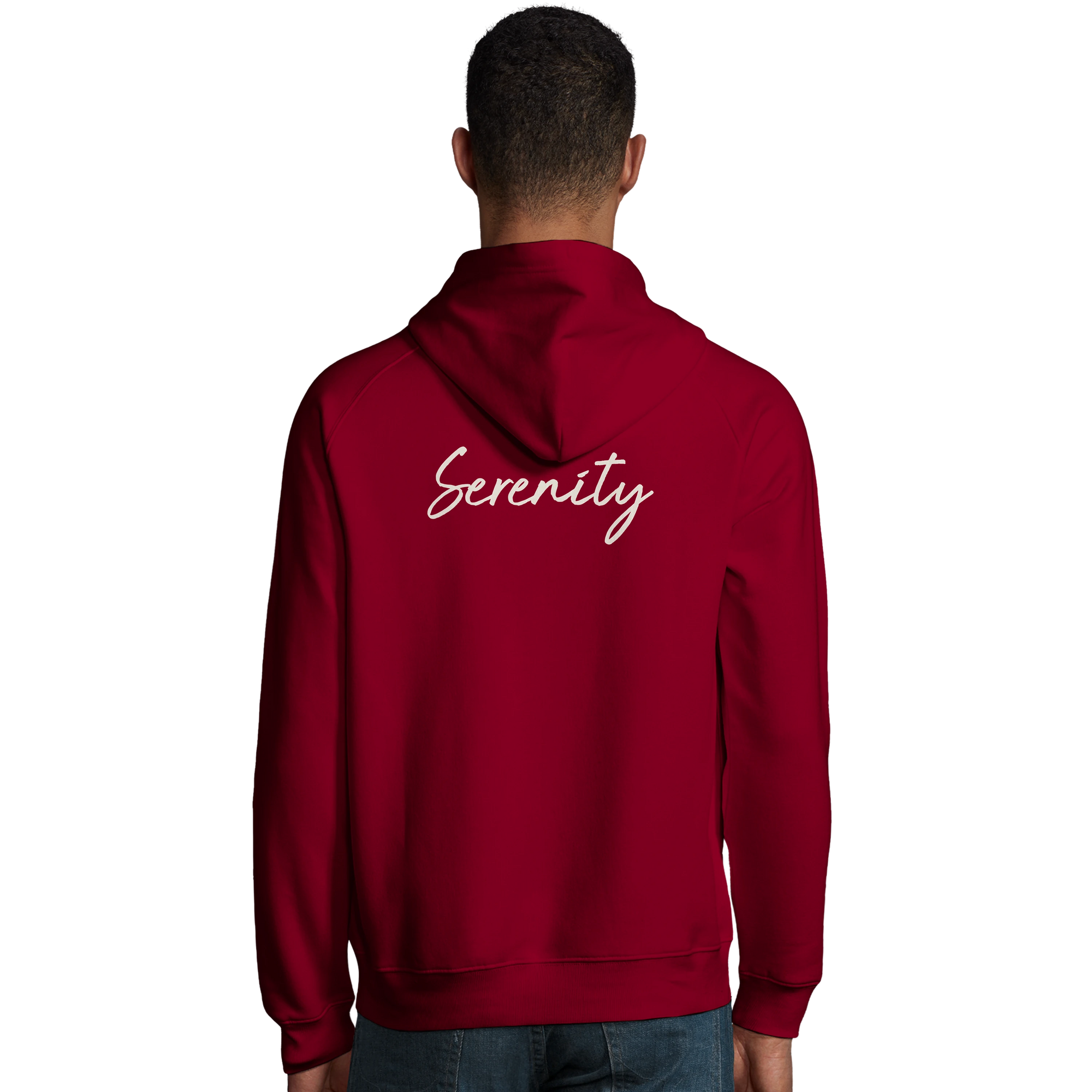 Serenity Indigo Sky Organic Unisex Hoodie Burgundy model back