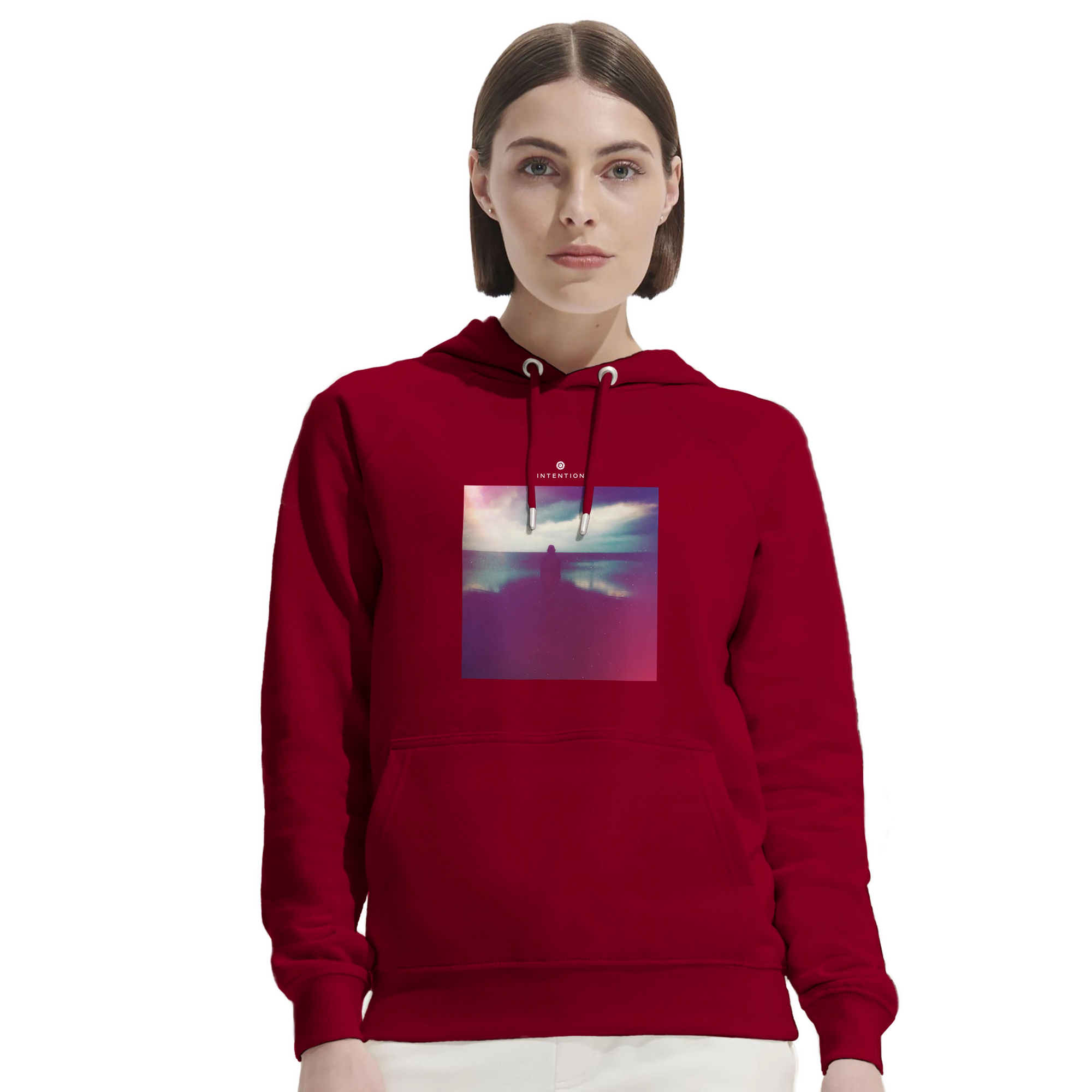 Serenity Indigo Sky Organic Unisex Hoodie Burgundy second model front