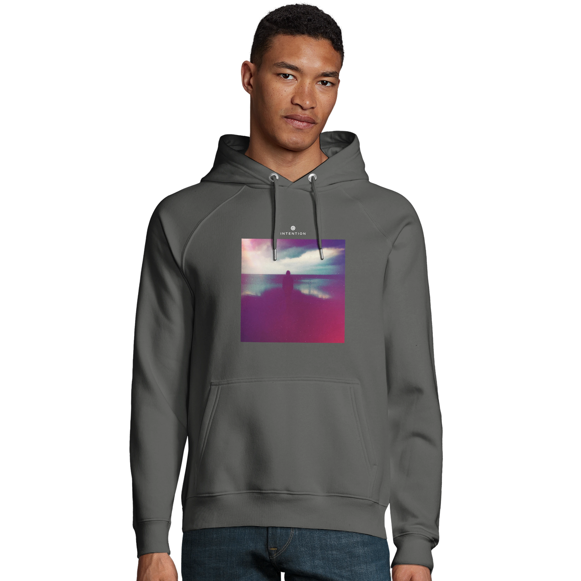 Serenity Indigo Sky Organic Unisex Hoodie charcoal melange model front