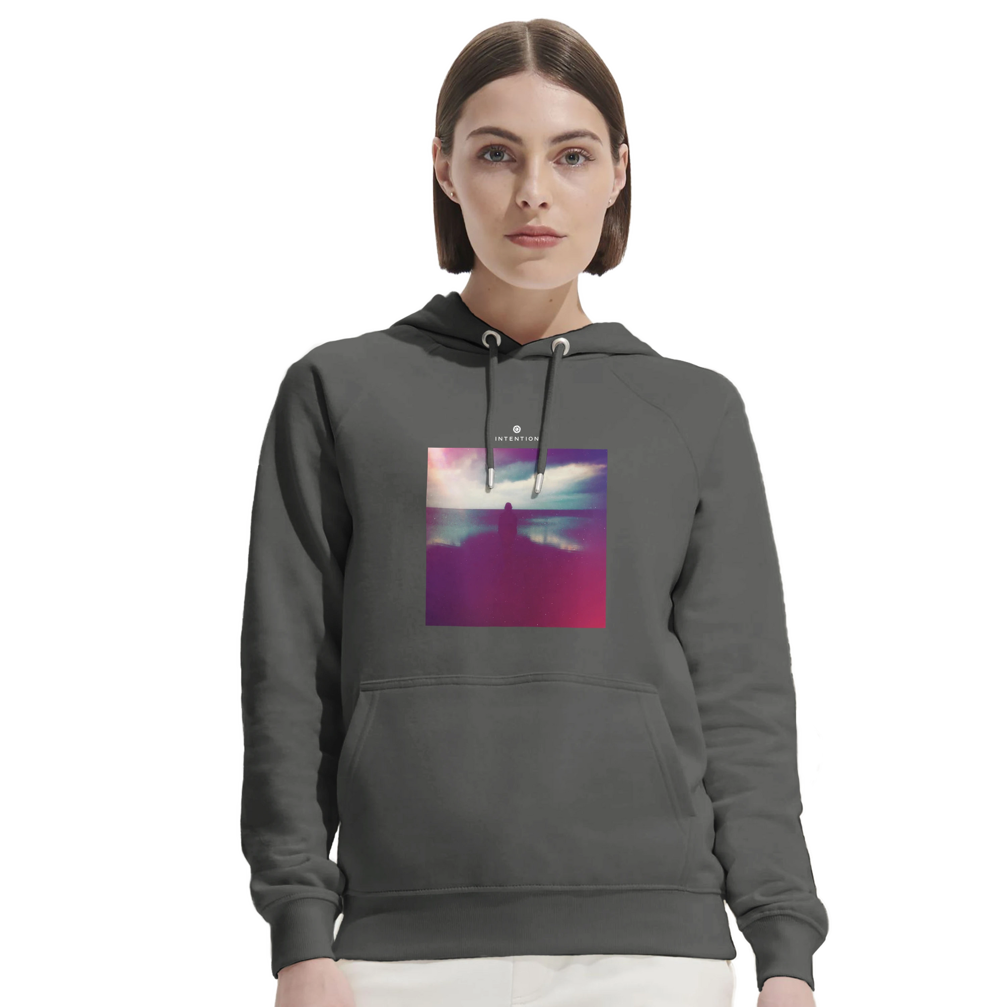 Serenity Indigo Sky Organic Unisex Hoodie charcoal melange second model front