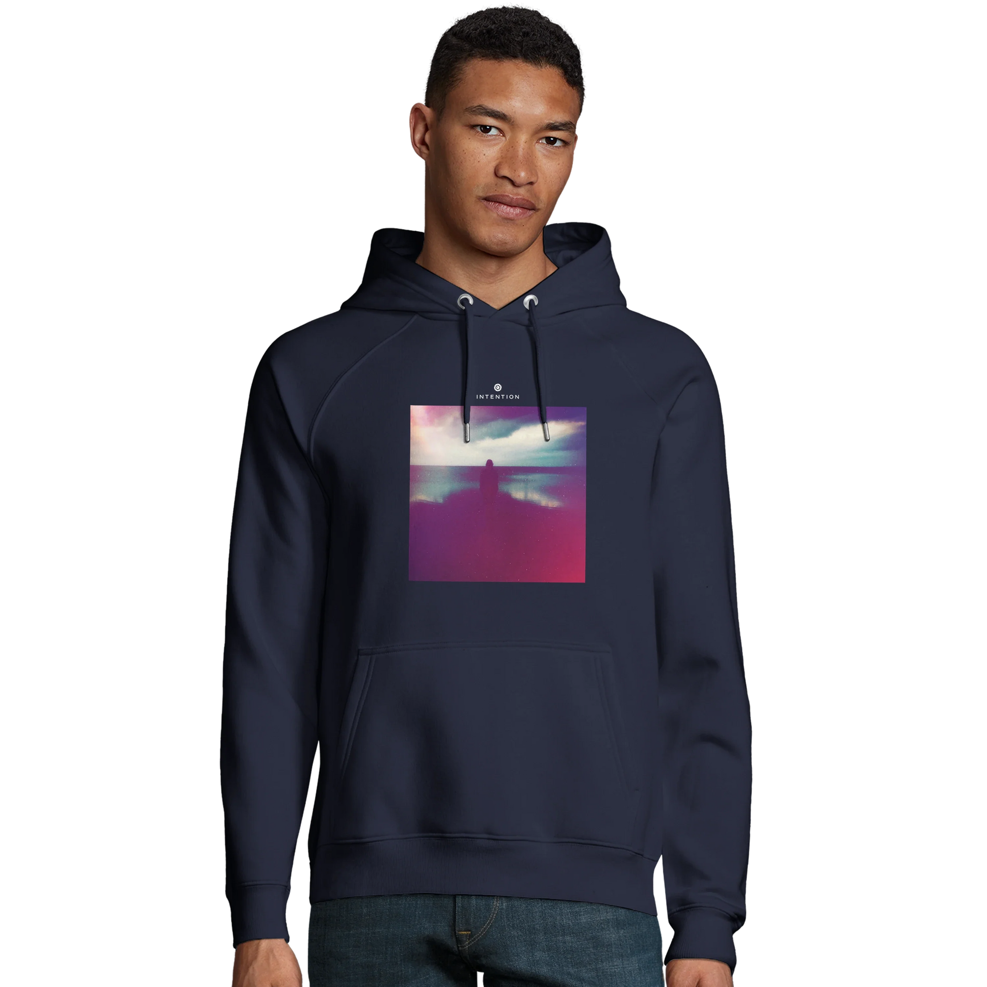 Serenity Indigo Sky Organic Unisex Hoodie French Navy model front