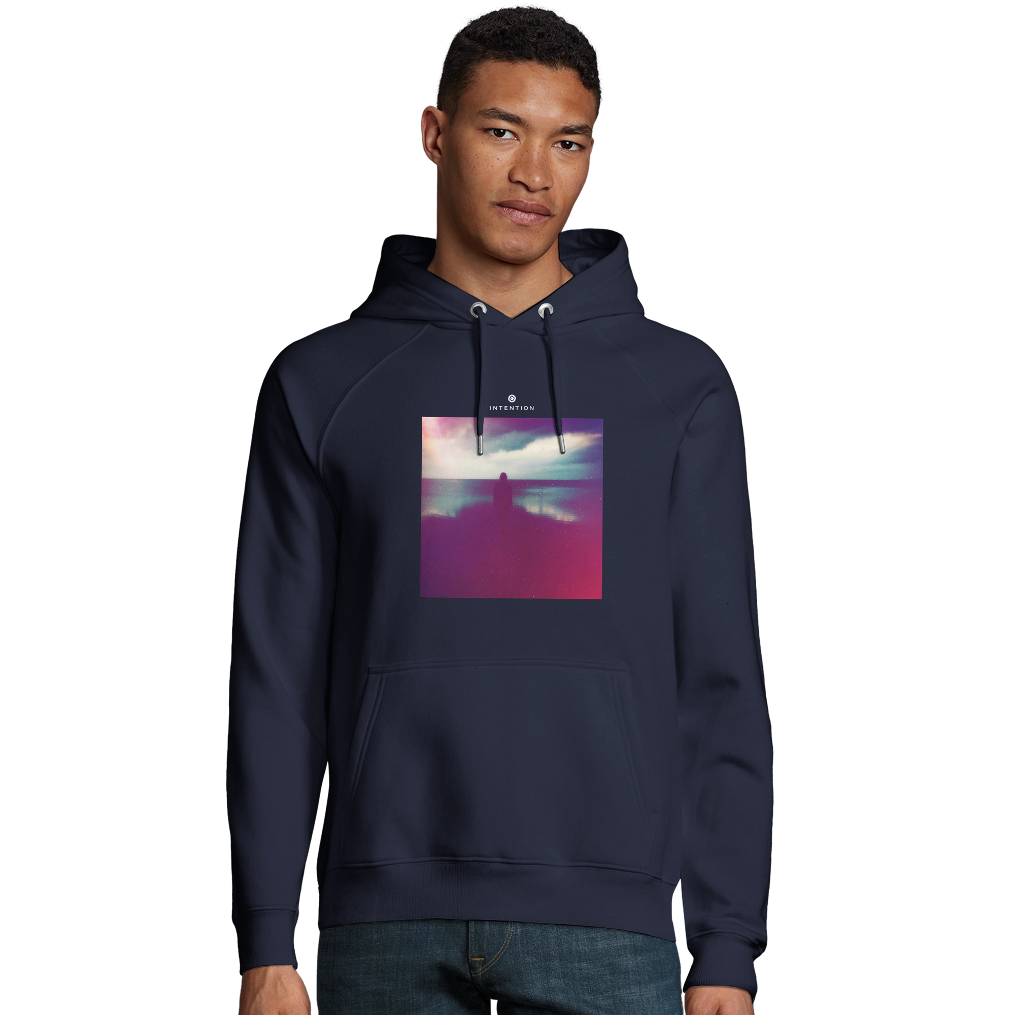 Serenity Indigo Sky Organic Unisex Hoodie French Navy model front