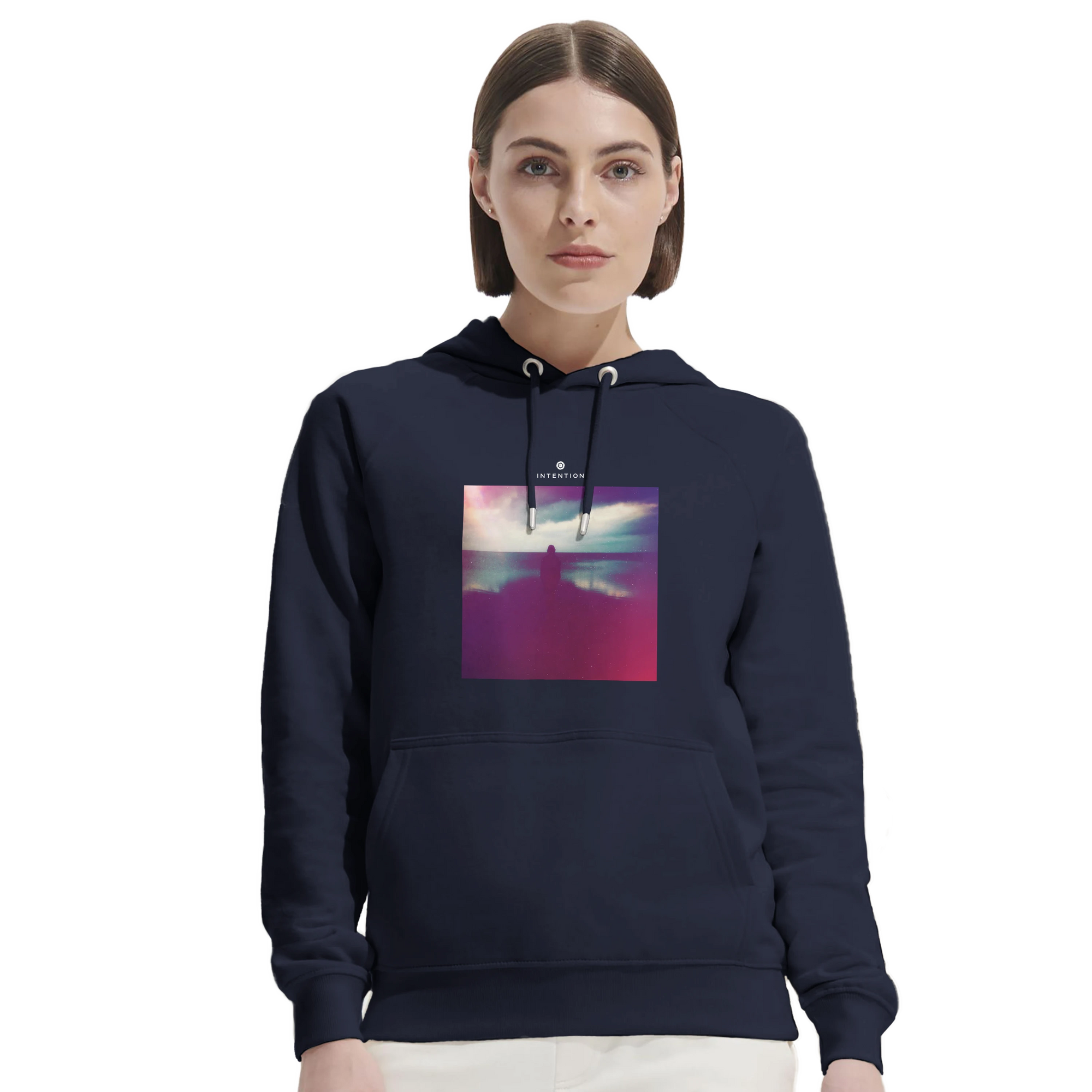Serenity Indigo Sky Organic Unisex Hoodie French Navy second model front