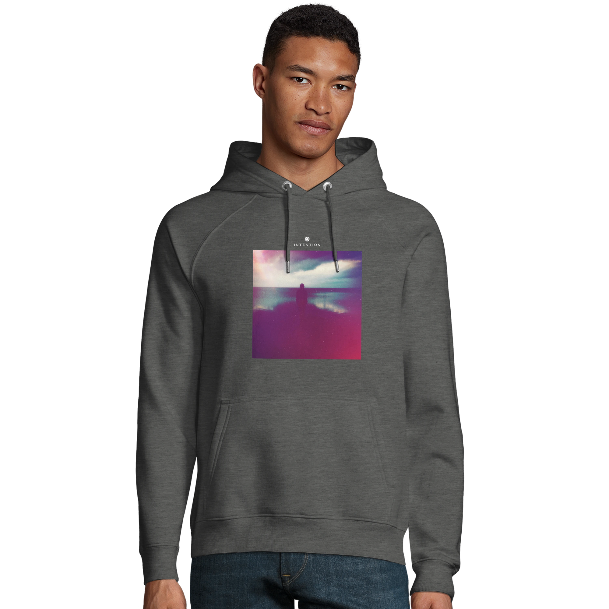 Serenity Indigo Sky Organic Unisex Hoodie Grey Melange model front