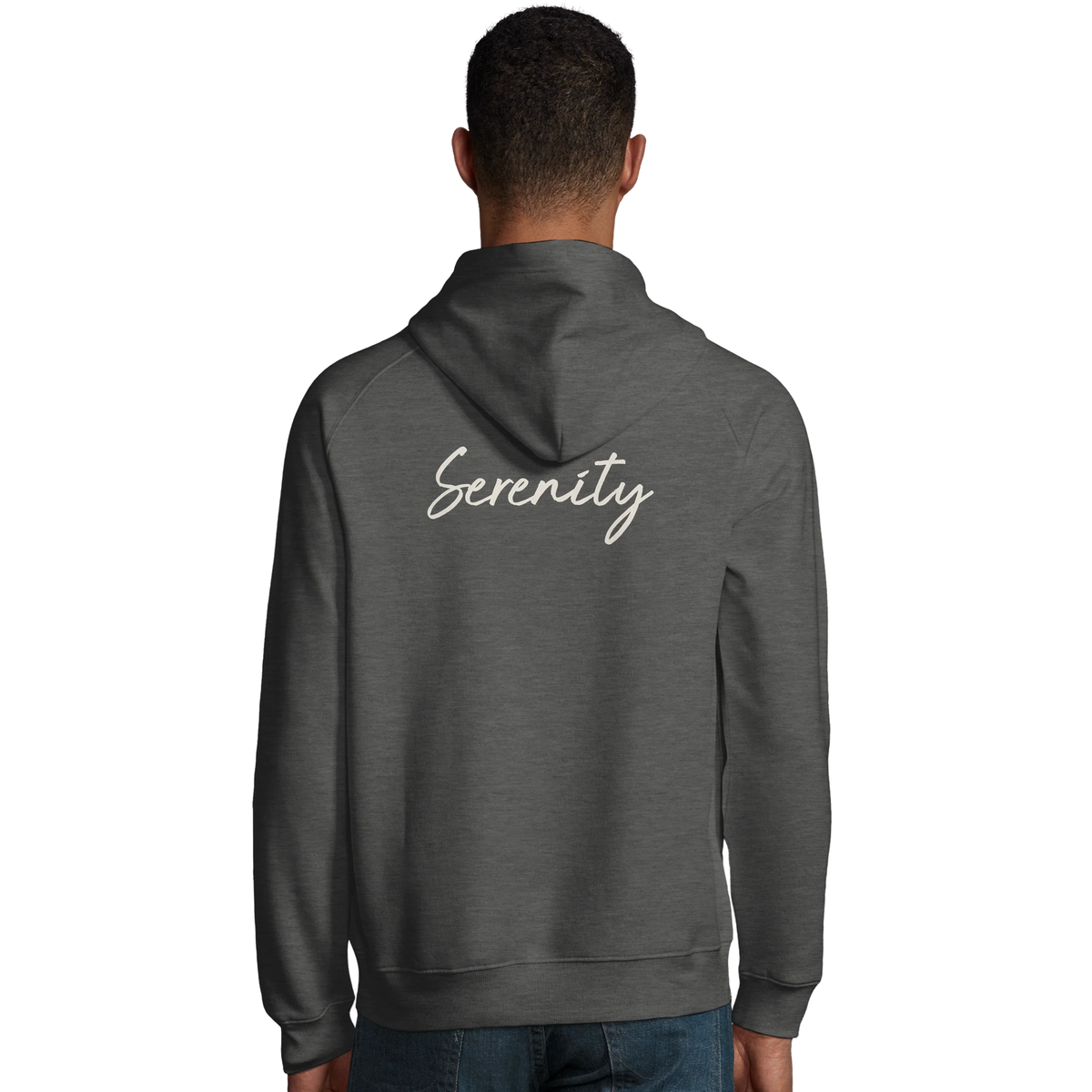 Serenity Indigo Sky Organic Unisex Hoodie Grey Melange model back
