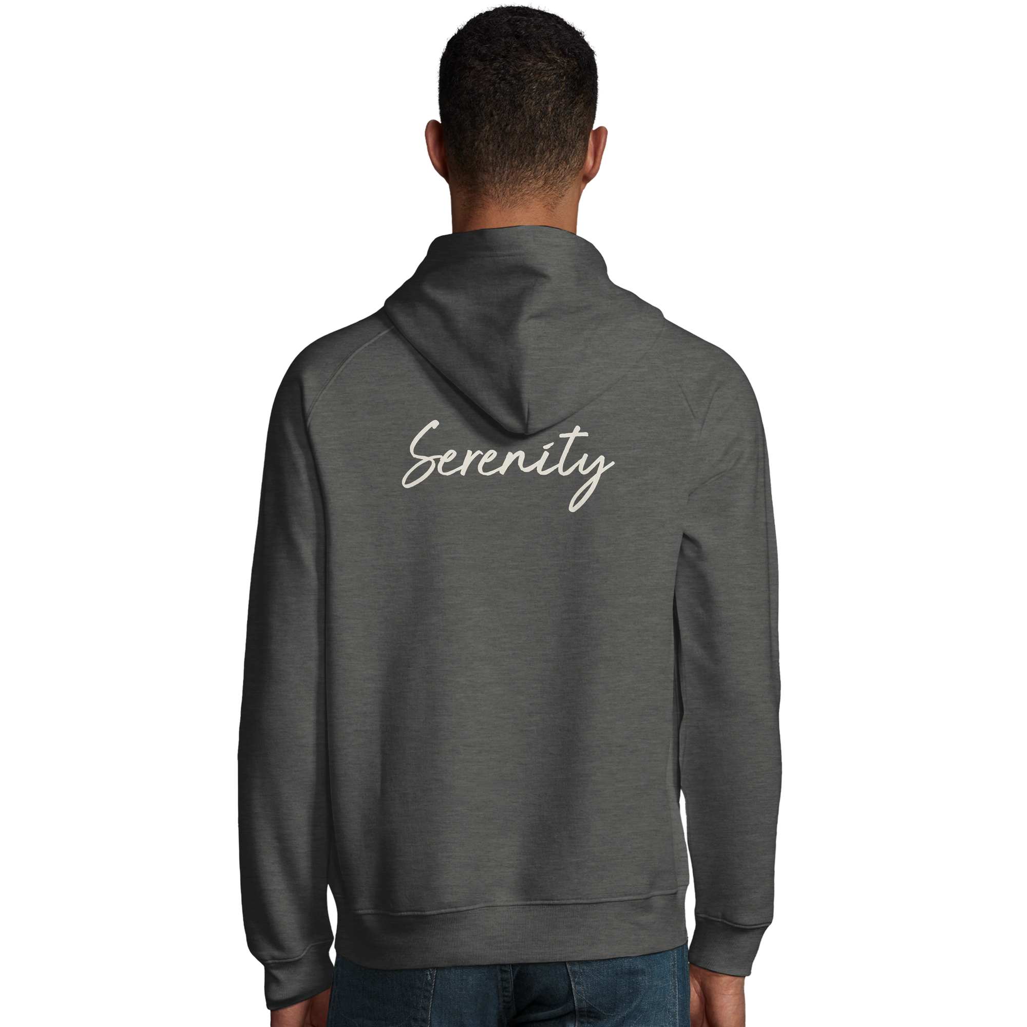 Serenity Indigo Sky Organic Unisex Hoodie Grey Melange model back