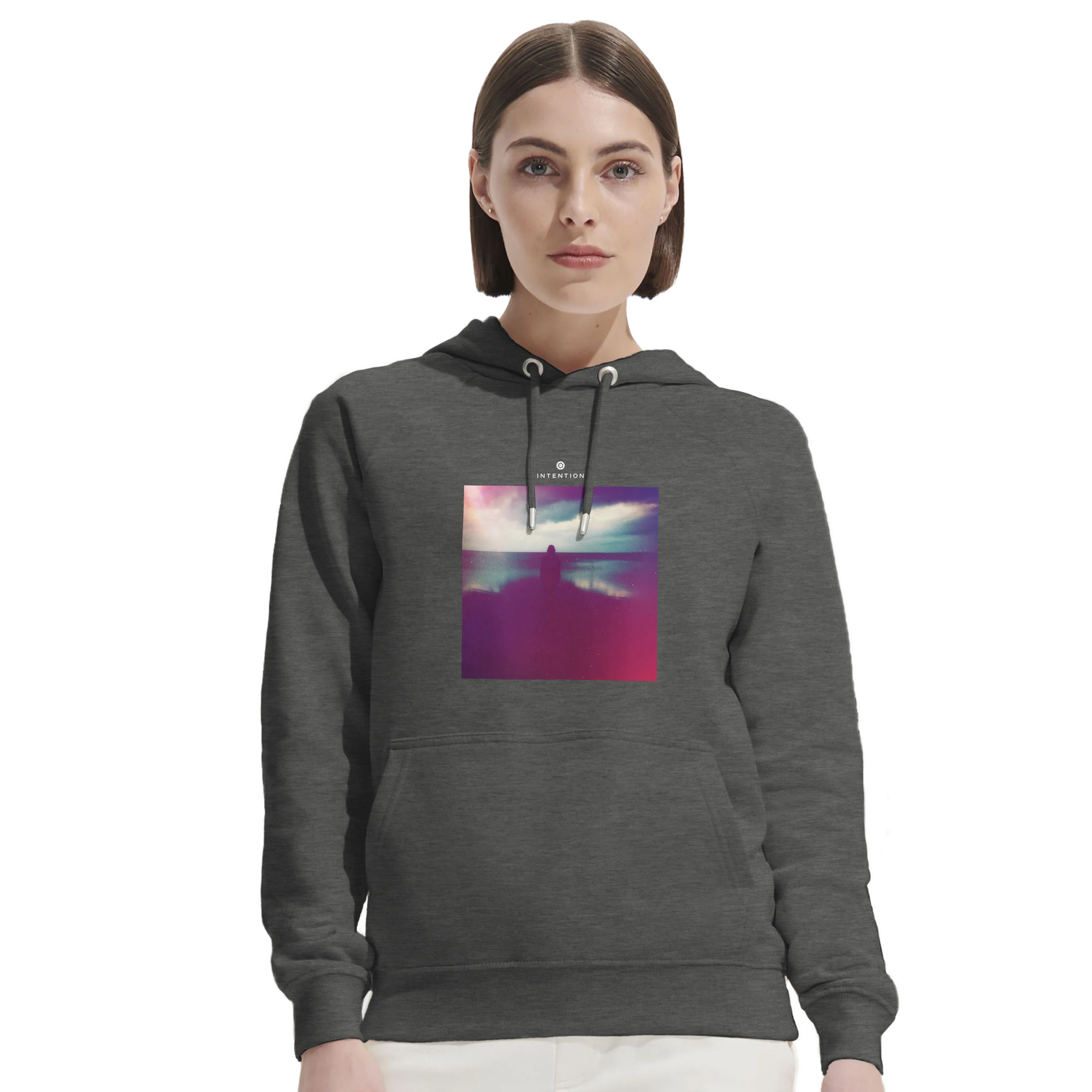 Serenity Indigo Sky Organic Unisex Hoodie Grey Melange second model front